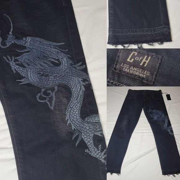 Rare NEW 27 x 28 CoH GRAY BLACK EMBROIDERED DRAGON RAW SLIM BOYFRIEND JEANS NWT - Picture 1 of 16